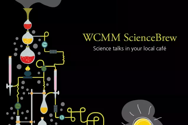 Illustration of a brewery with text WCMM science brew. 