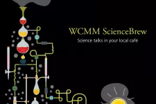 Iluustration av bryggeri-process med texten WCMM Science brew. Svart bakgrund. 