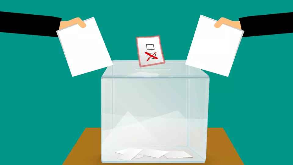 Two hands putting ballots into a box. Illustration. 