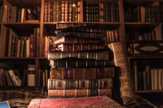 Books on a table in a library. Photo.