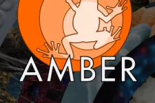 Frog in orange circle. Logo for Amber. Illustration. 