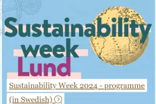 Poster for Sustainability week in Lund 2024. Blur background and yellow globe. Illustration. 