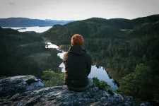 A person looking out over the mountains and water. A photo
