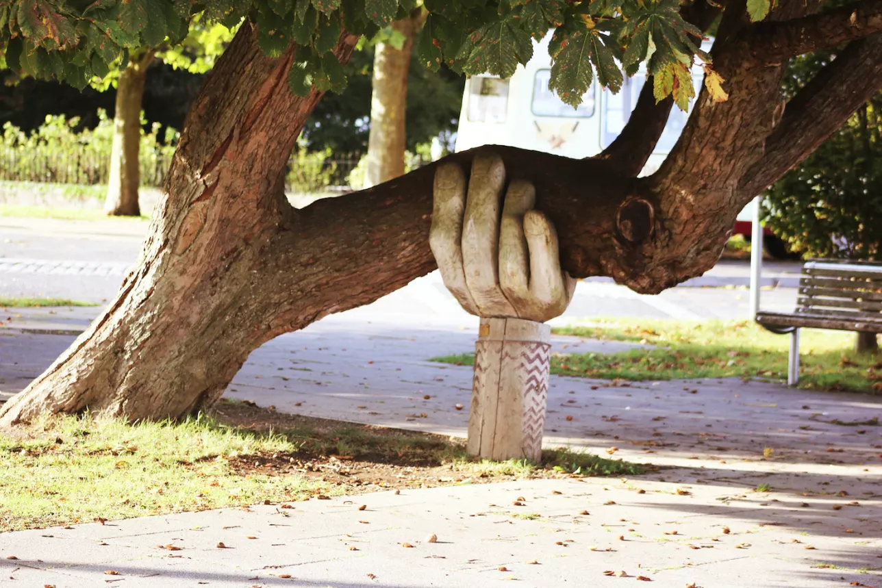 The picture shows a wooden hand supporting a tree.