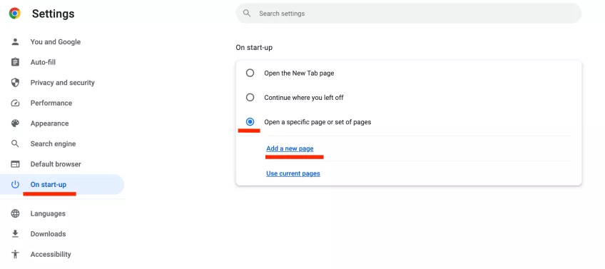 Screenshot how to add start page in Google Chrome