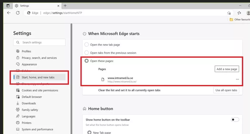 Make Intramed your start page, settings in Edge. Screenshot.
