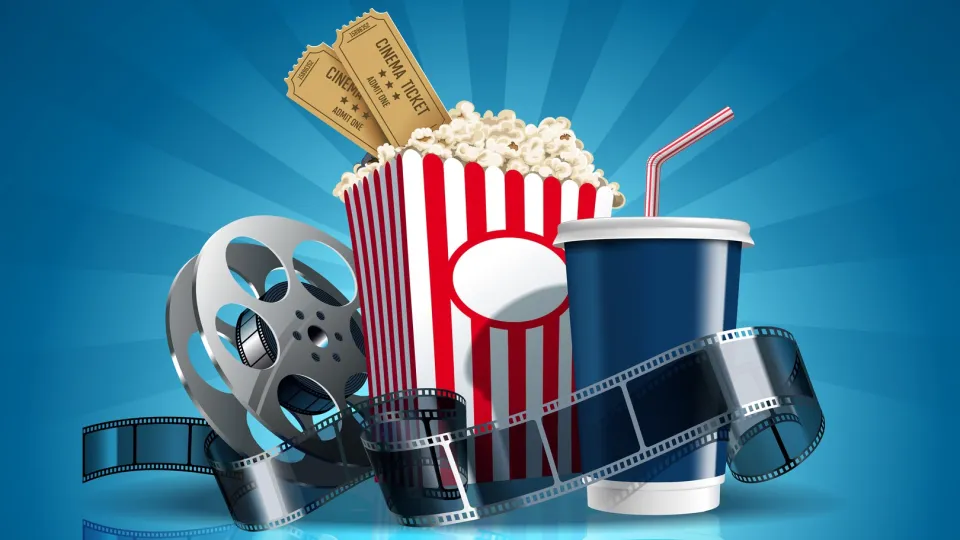 Popcorn, filmrulle och dricka. Illustration. 