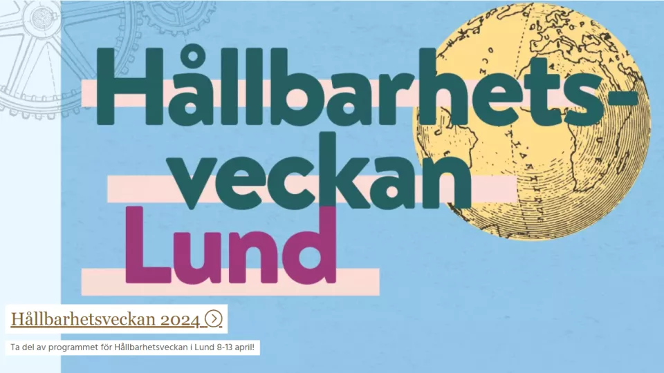 Poster  för Hållbarhetsveckan i Lund 2024. Blå bakgrund och gult jordklot. Illustration. 