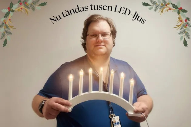 Linus Jeppsson, brandskyddsansvarig på medicinska fakulteten. Nu tändas tusen led-ljus. Foto. 