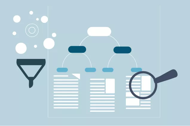 Illustration with icons visualisation collection and analyse of kvalitative and quantativ data. Illustration by Katarina Jandér.