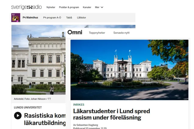 Klipp från digital media SR och Omni på nyheten om läkarprogrammet. Kollage.