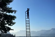 Person som klättrar på en stege utan stöd. Foto. 