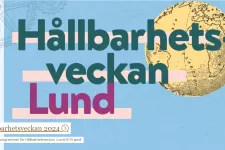 Poster  för Hållbarhetsveckan i Lund 2024. Blå bakgrund och gult jordklot. Illustration. 