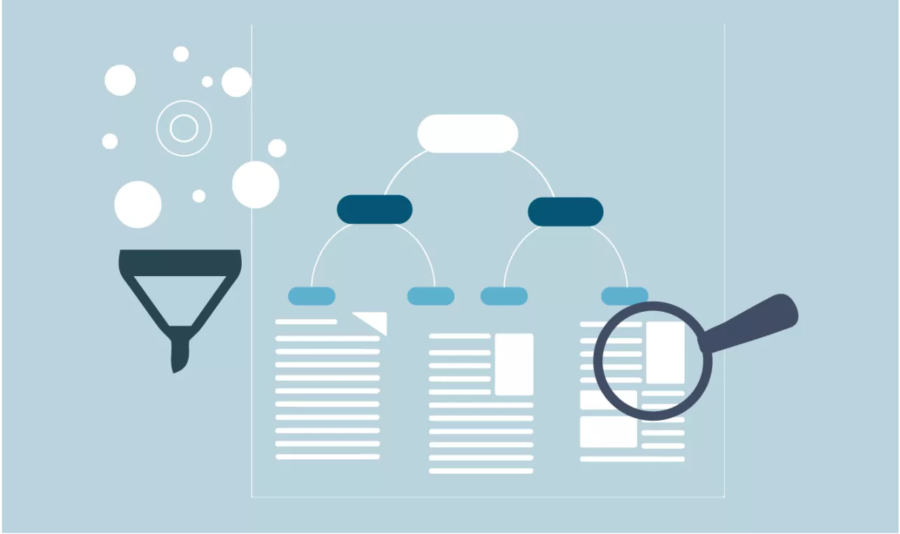 Illustration with icons visualisation collection and analyse of kvalitative and quantativ data. Illustration by Katarina Jandér.