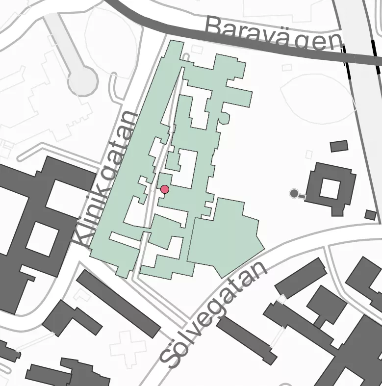 Karta över Medicinska fakulteten Lund där godsmottagningen är uppmärkt med en röd punkt.