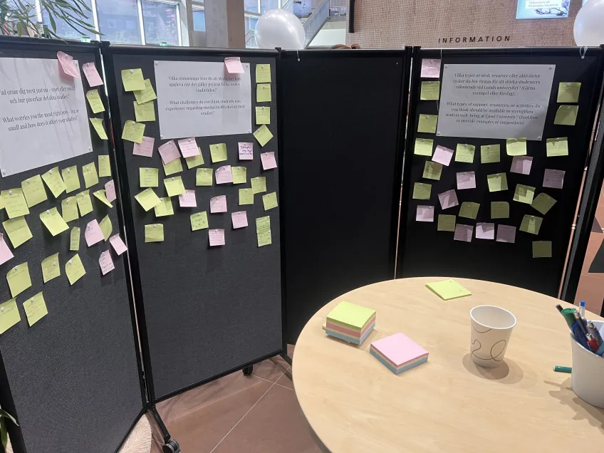 Insidan av båset där studenterna satt upp sina post-it-lappar. Foto: Erik Skogh
