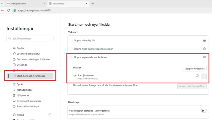 Inställning av startsida i Edge. Skärmbild.